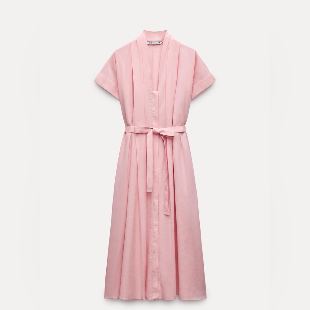 NEW ZARA FW24 WOMAN MIDI BELTED SHIRT DRESS ZW COLLECTION PINK | SIZE M